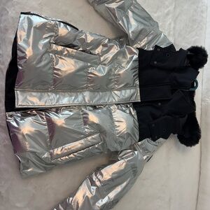 Moose Knuckles Metallic Silver and Black Puffer Jacket